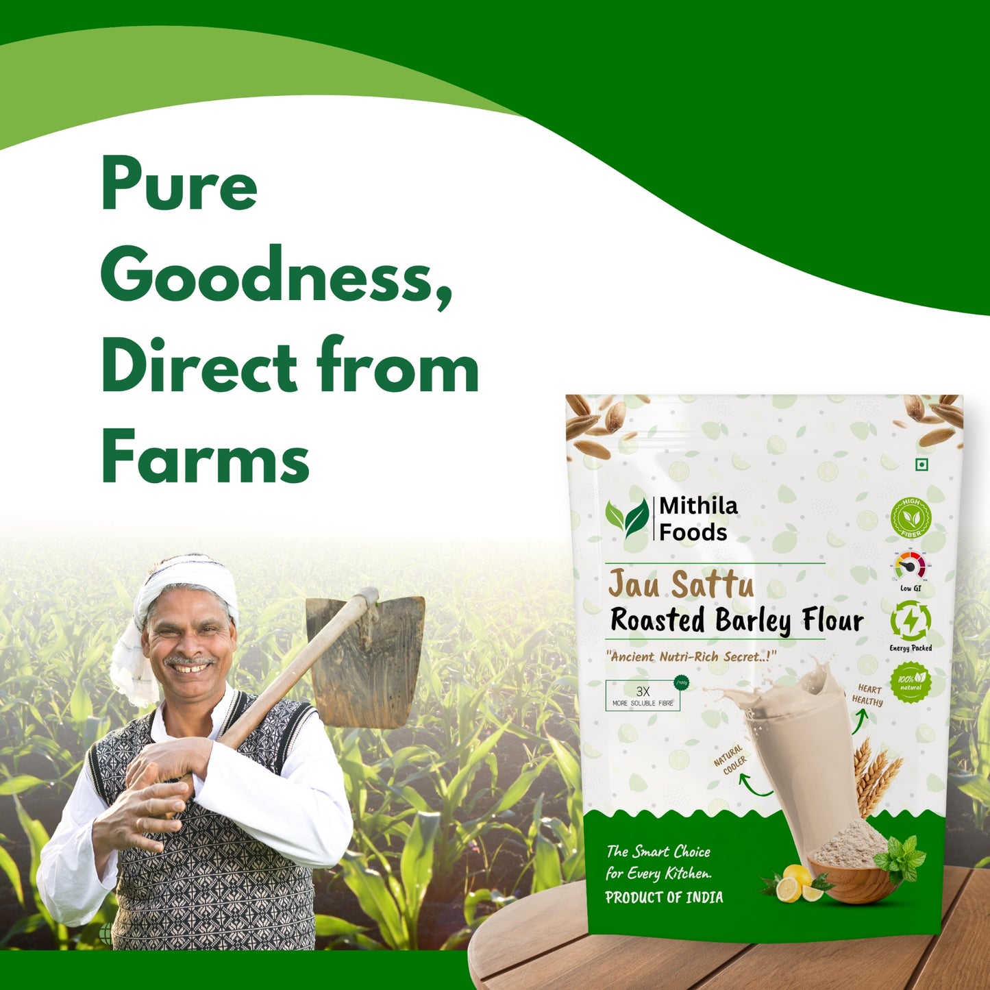 Smiling farmer holding tool in a green field with Mithila Foods Jau Sattu pouch ā pure goodness direct from farms concept.