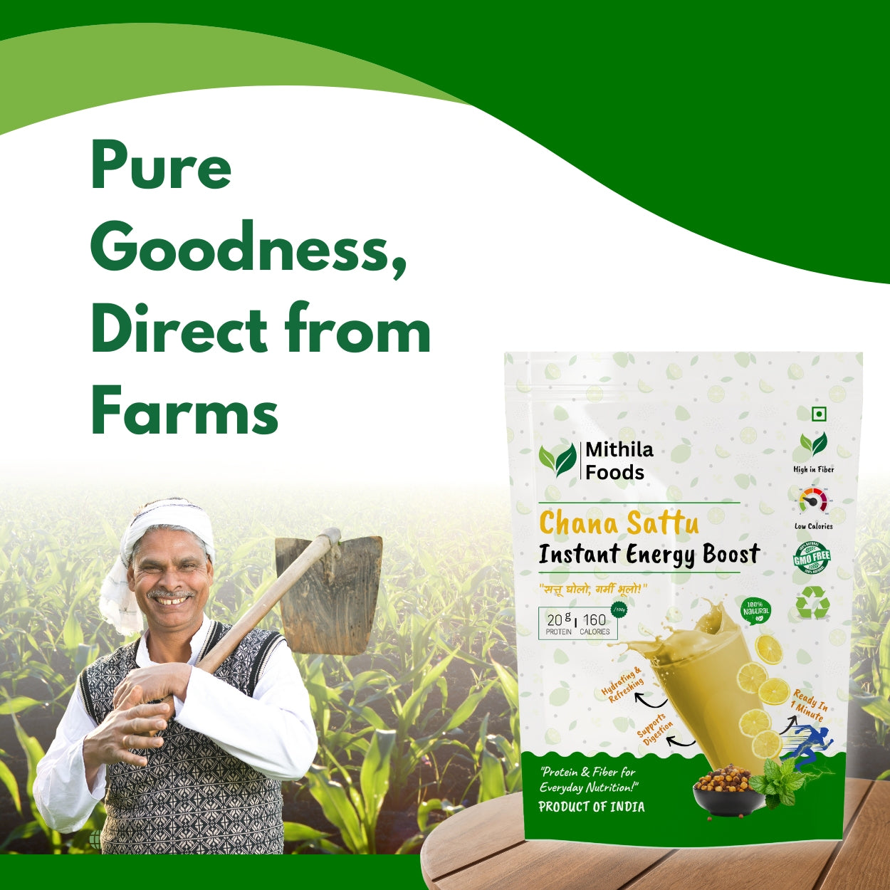 Mithila Foods Chana Sattu pouch with a smiling farmer standing in green fields – pure goodness direct from farms theme.