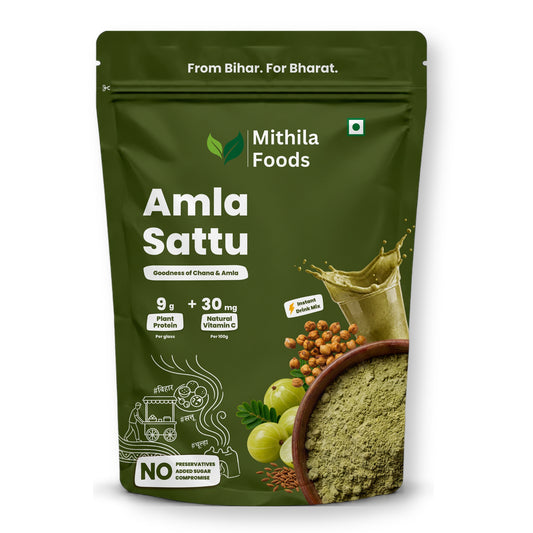 MITHILA FOODS Amla Sattu 500g | Chana Sattu + Real Amla Powder, High in Vitamin C for Immunity & Iron Absorption | Ready to Drink Spiced Sattu Drink Mix, No Added Sugar | Authentic Taste of Bihar