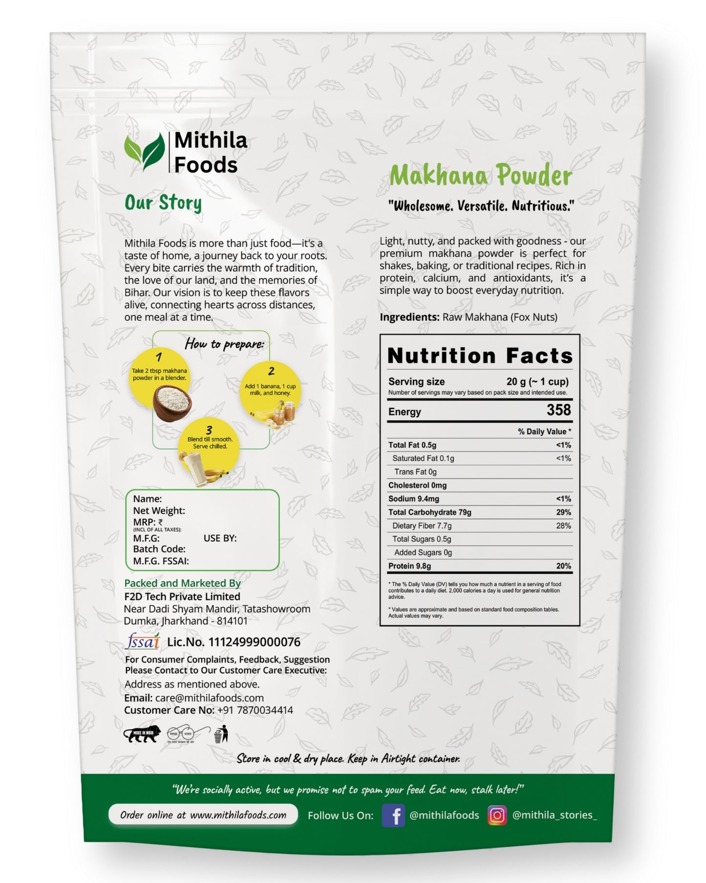 "Back of Mithila Foods Makhana Powder pack featuring product story, nutrition facts, ingredient list, and smoothie recipe instructions"