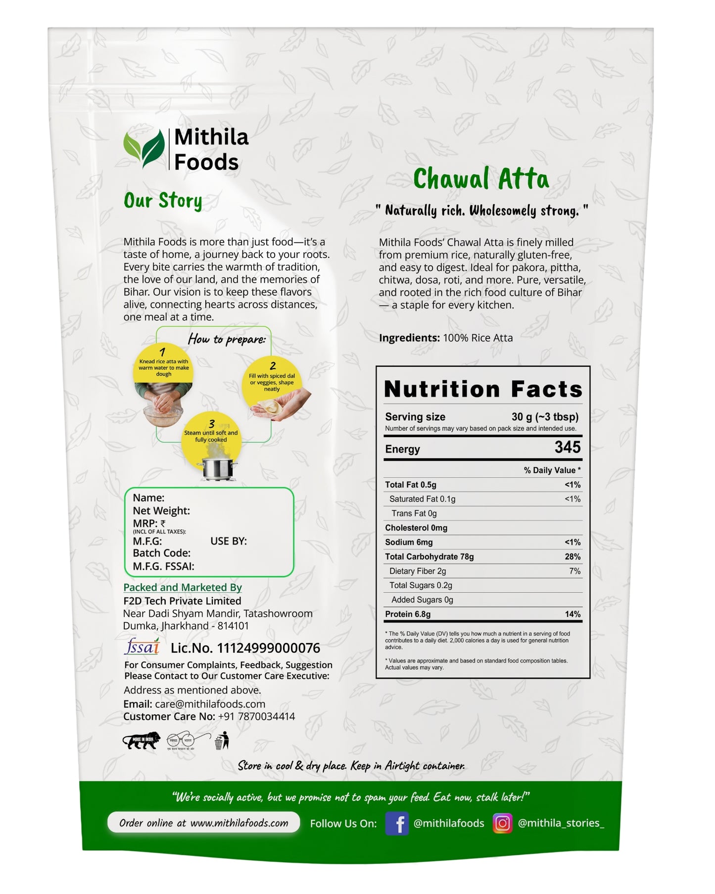 "Back of Mithila Foods Chawal Atta Rice Flour pack with brand story, ingredient list, nutrition facts, preparation method, and manufacturer details"