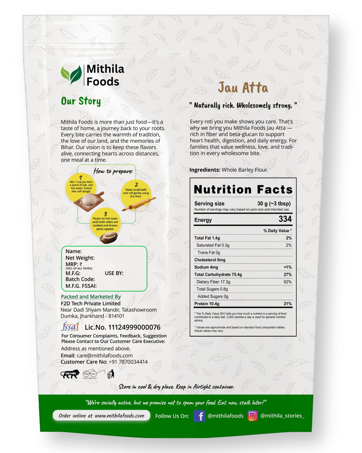 "Back of Mithila Foods Jau Atta Barley Flour pack featuring brand story, nutrition facts, ingredient list, usage instructions, and manufacturer details"