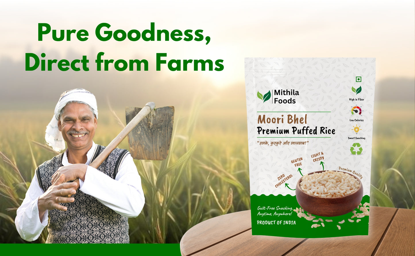 Farmer in field holding tool with Mithila Foods Moori Bhel pack ā pure puffed rice sourced from local farms.