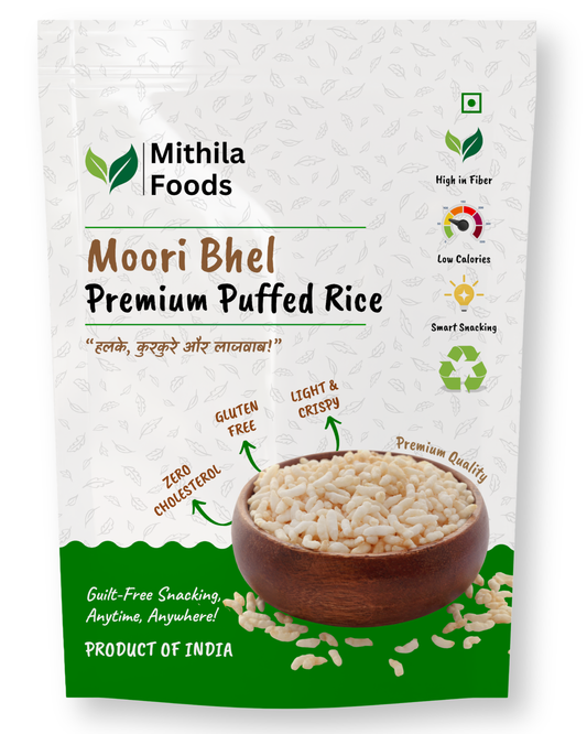 Front pack of Mithila Foods Moori Bhel – premium puffed rice, gluten free, zero cholesterol, light and crispy traditional snack.