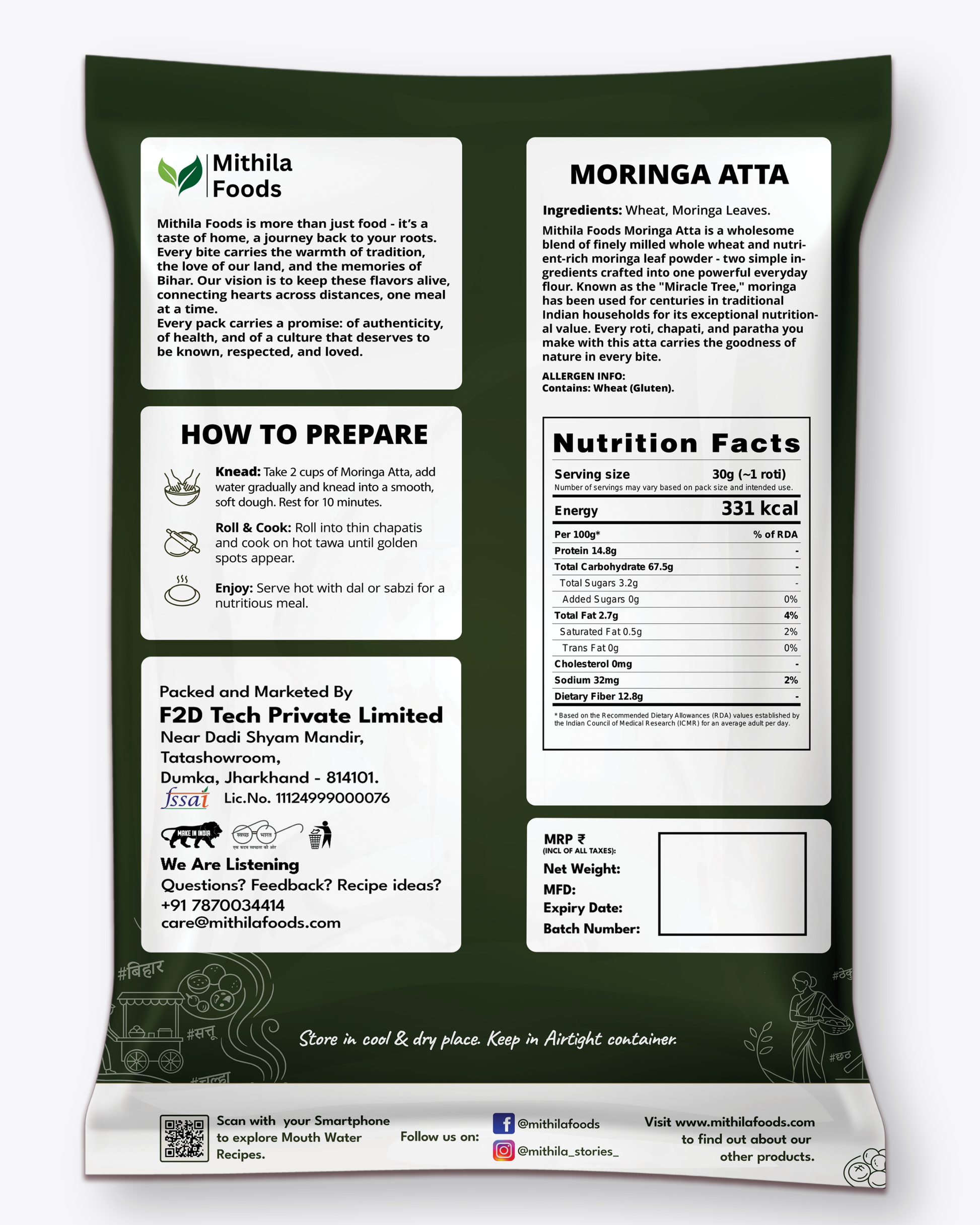 Moringa Atta whole wheat chakki atta packet by Mithila Foods