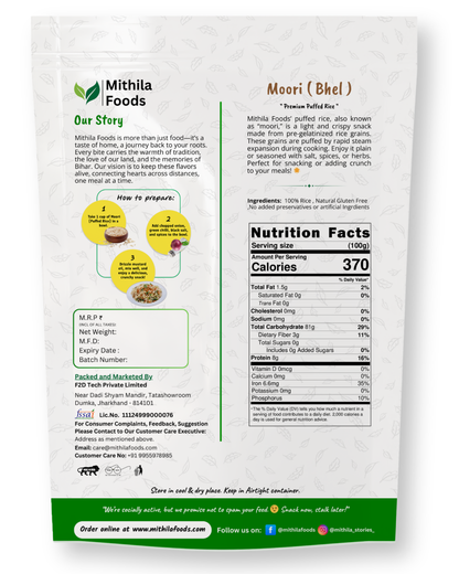Back of Mithila Foods Moori Bhel pack showing brand story, preparation method, nutrition facts, ingredients and manufacturing details.