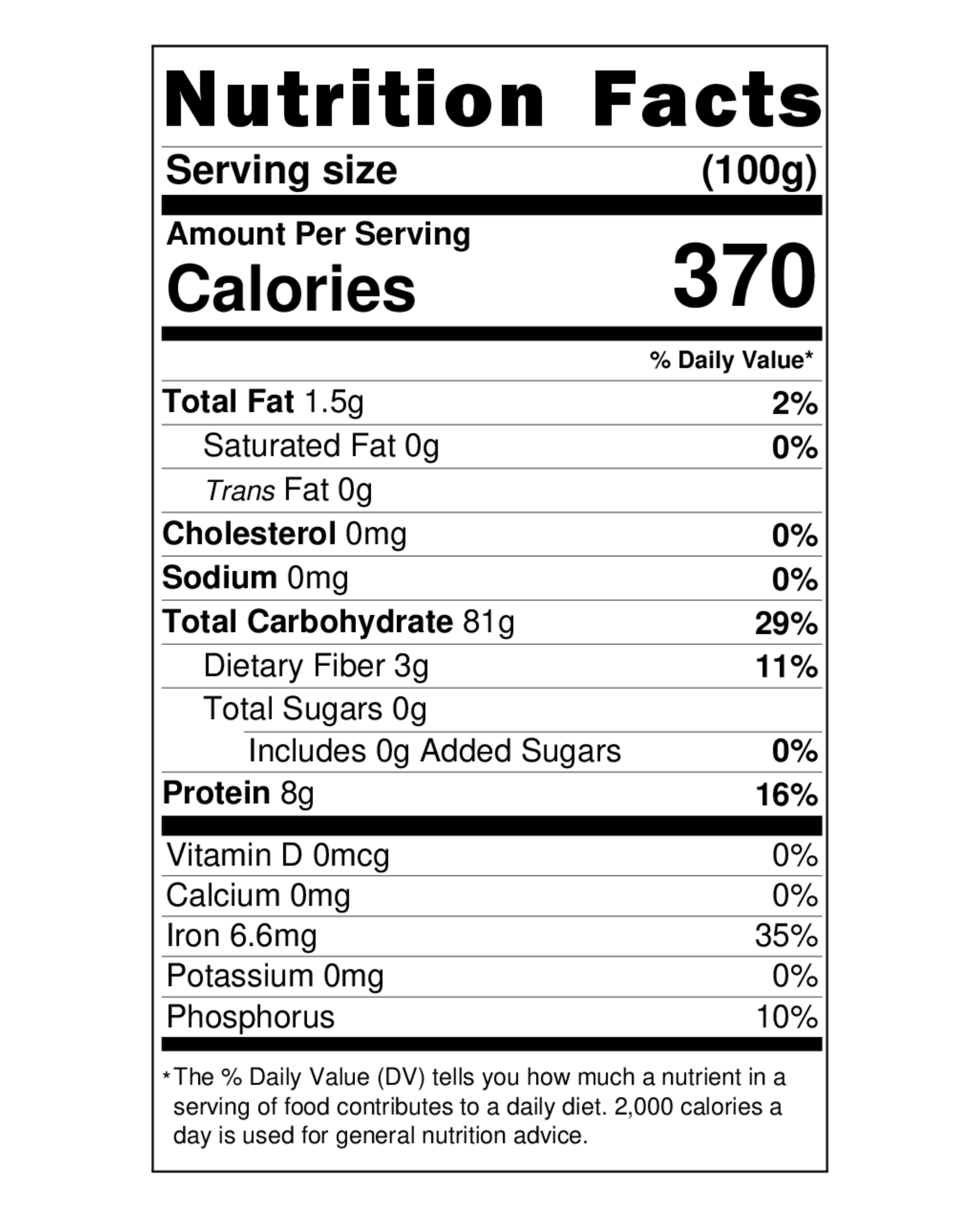 Nutrition facts of puffed rice showing calories, carbohydrates, fiber, protein, fat and daily value percentages per 100g.