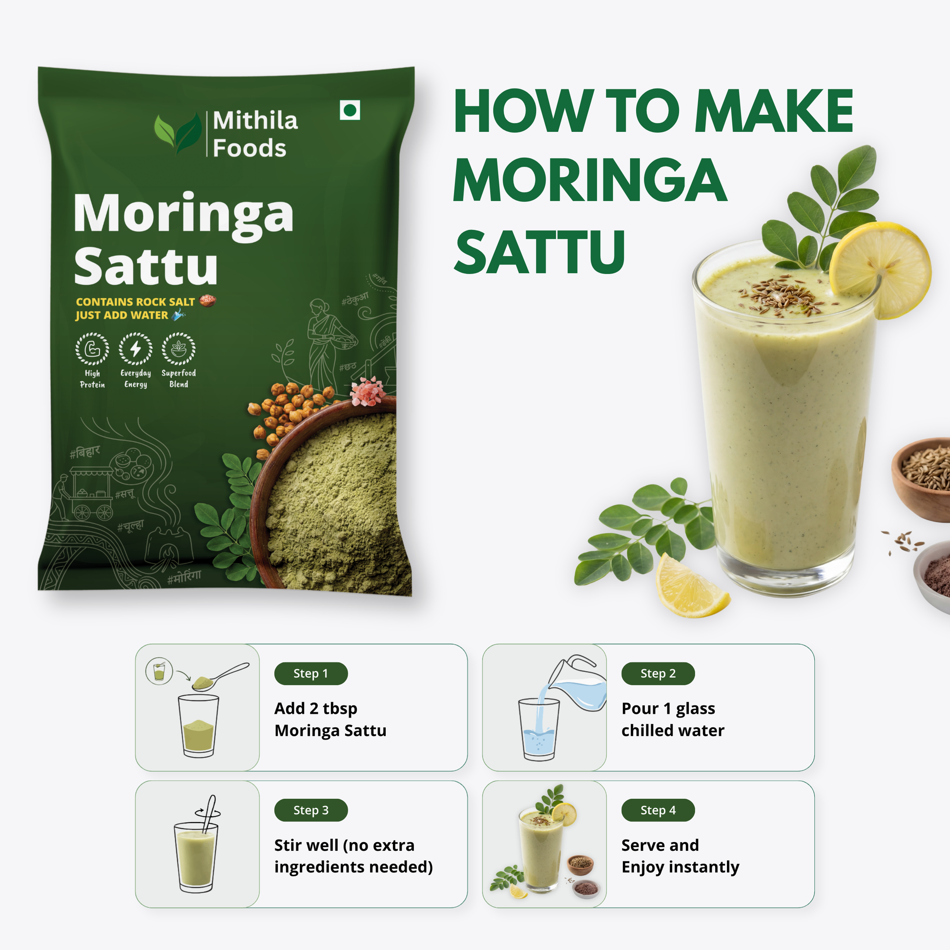 Moringa Sattu ready-to-drink high protein superfood packet