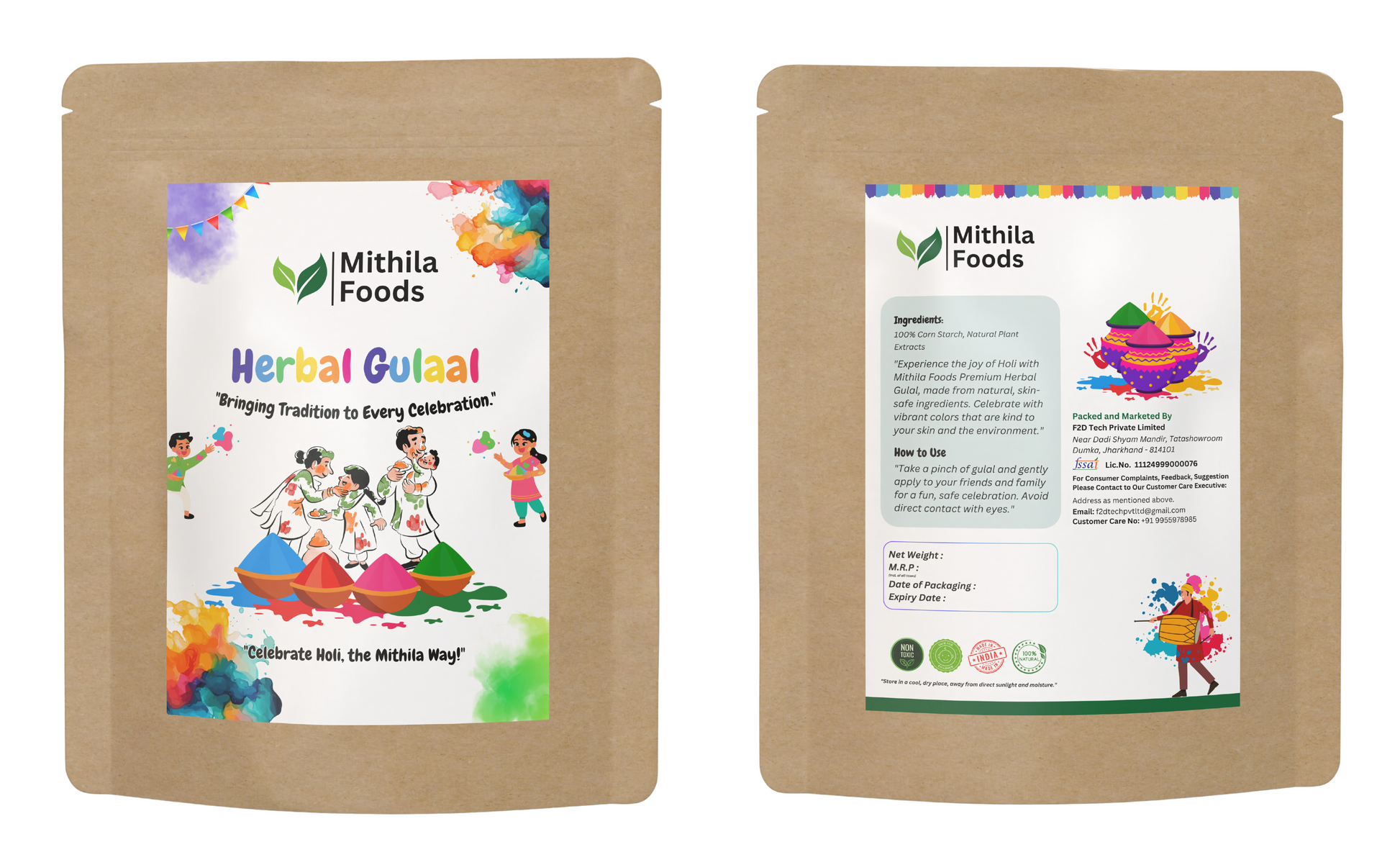  "Front and back of Mithila Foods Herbal Gulaal Holi Colour pouch, featuring kids playing Holi, natural herbal branding, product usage, and ingredient details"