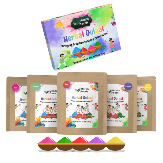  "Mithila Foods Herbal Gulal Holi Colour set with branded gift box and individual pouches for red, green, pink, yellow, and purple, shown with colour mounds for gifting or festive celebration"