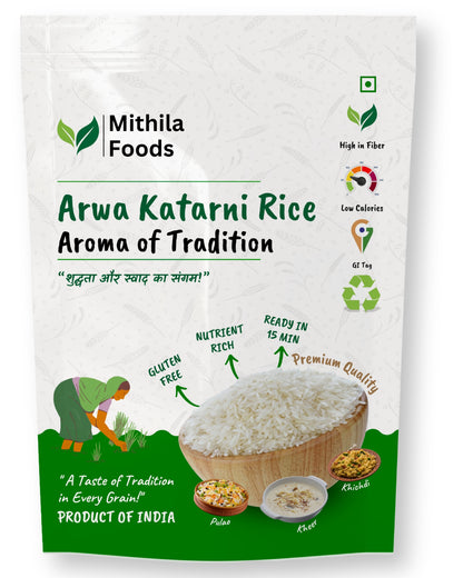 Mithila Foods Arwa Katarni Rice pack showing traditional farmer illustration, rice bowl and benefits like high fiber, gluten-free and ready in 15 minutes.
