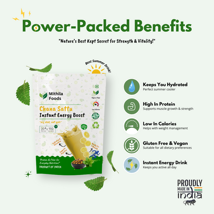 Mithila Foods Chana Sattu benefits – keeps you hydrated, high protein, low calories, gluten-free and instant energy drink, with product pouch and icons.