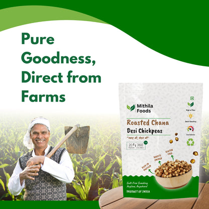 Smiling farmer standing in a green field with Mithila Foods Roasted Chana pack on the side and text “Pure Goodness, Direct from Farms.”