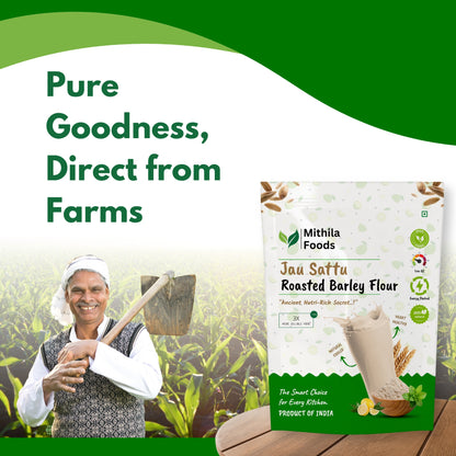 Smiling farmer holding tool in a green field with Mithila Foods Jau Sattu pouch – pure goodness direct from farms concept.