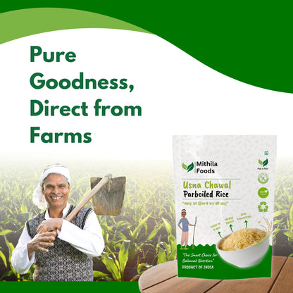 Smiling farmer in green paddy field holding a tool with Mithila Foods Usna Chawal pack displayed on wooden table.