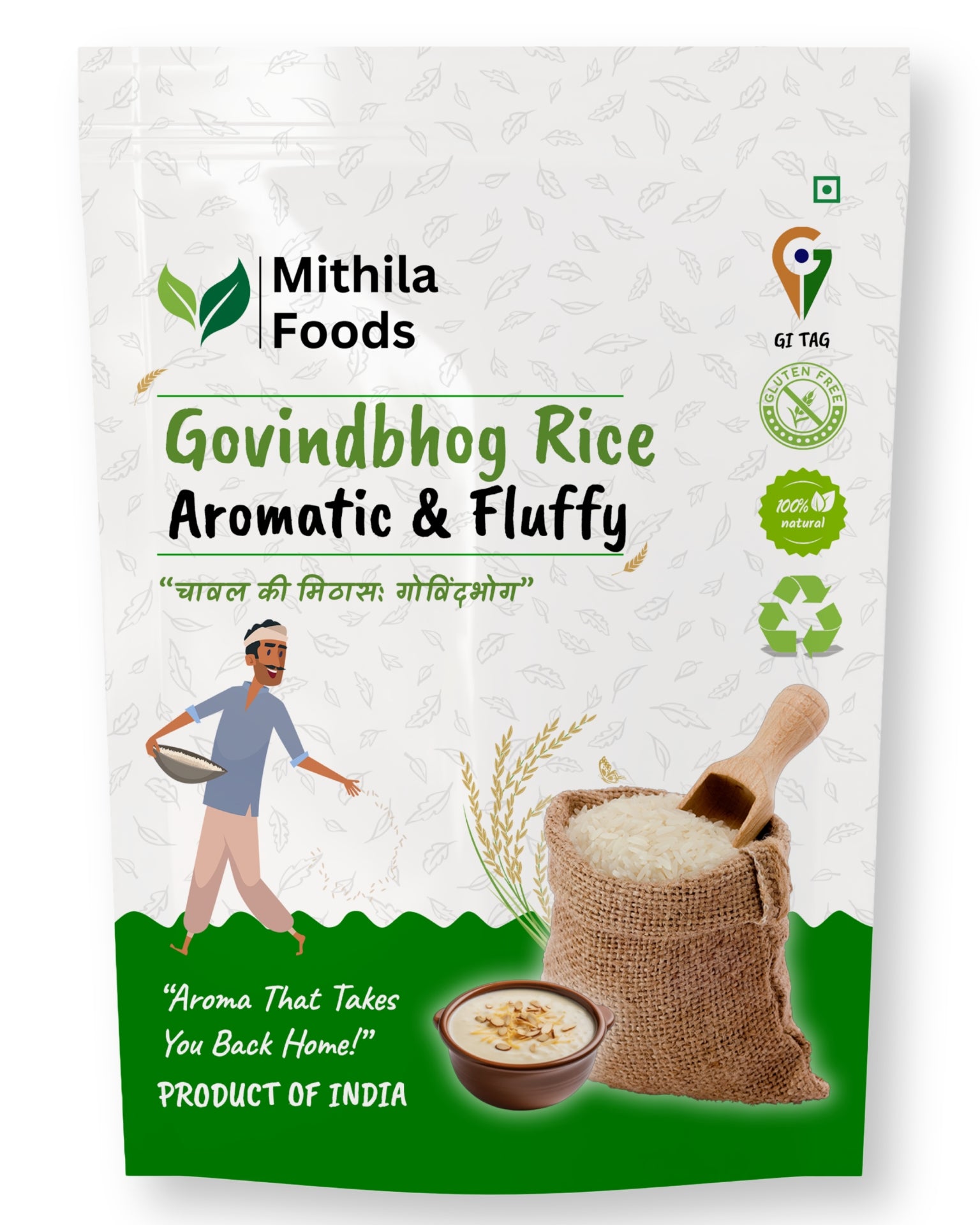 Mithila Foods Govindbhog Rice pack, aromatic and fluffy short-grain rice with traditional farmer illustration and kheer bowl.