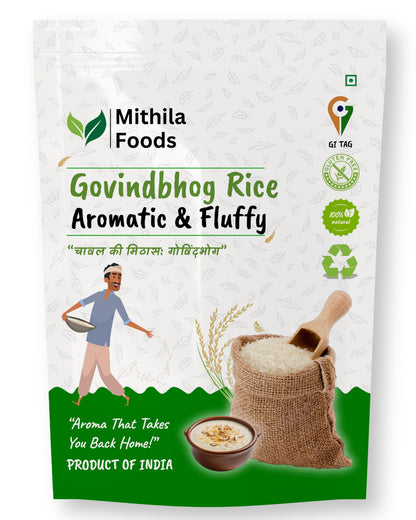 Mithila Foods Govindbhog Rice pack, aromatic and fluffy short-grain rice with traditional farmer illustration and kheer bowl.