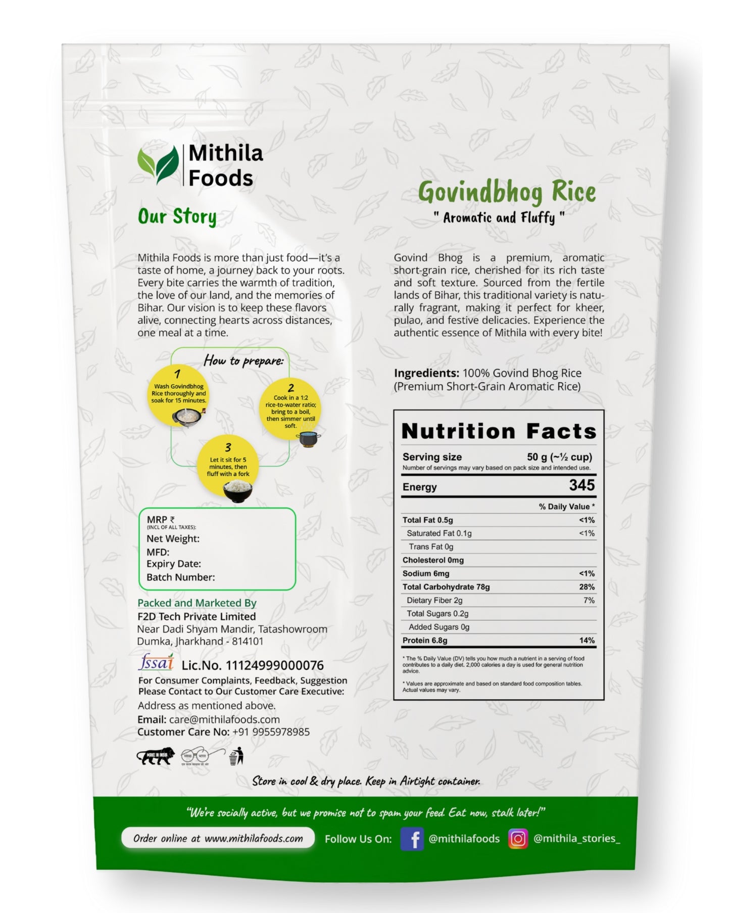Back of Mithila Foods Govindbhog Rice pack showing brand story, ingredients, nutritional values, cooking instructions, and FSSAI details.