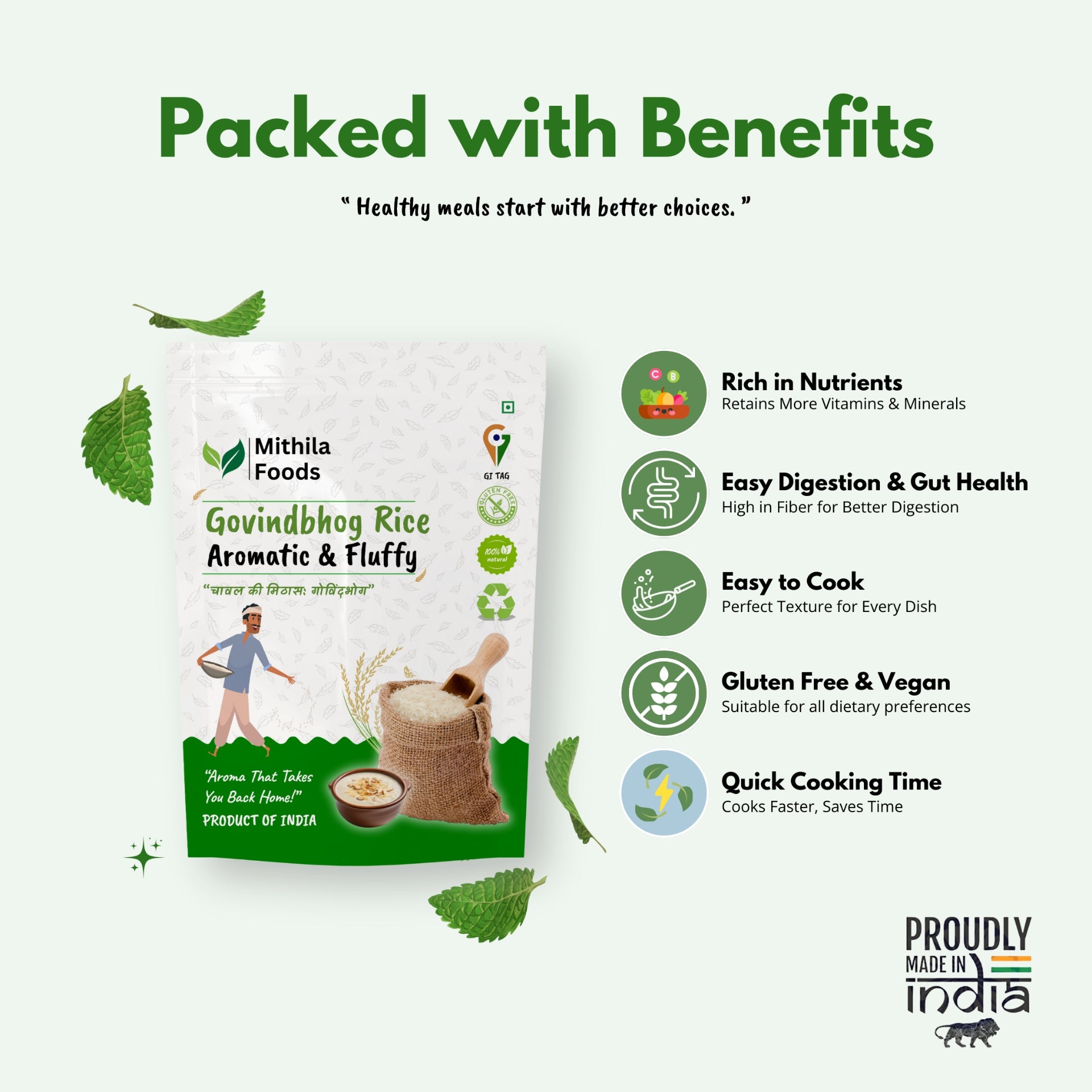 Govindbhog Rice health benefits – aromatic, easy to digest, soft texture, gluten-free, with rice packet and wellness icons.