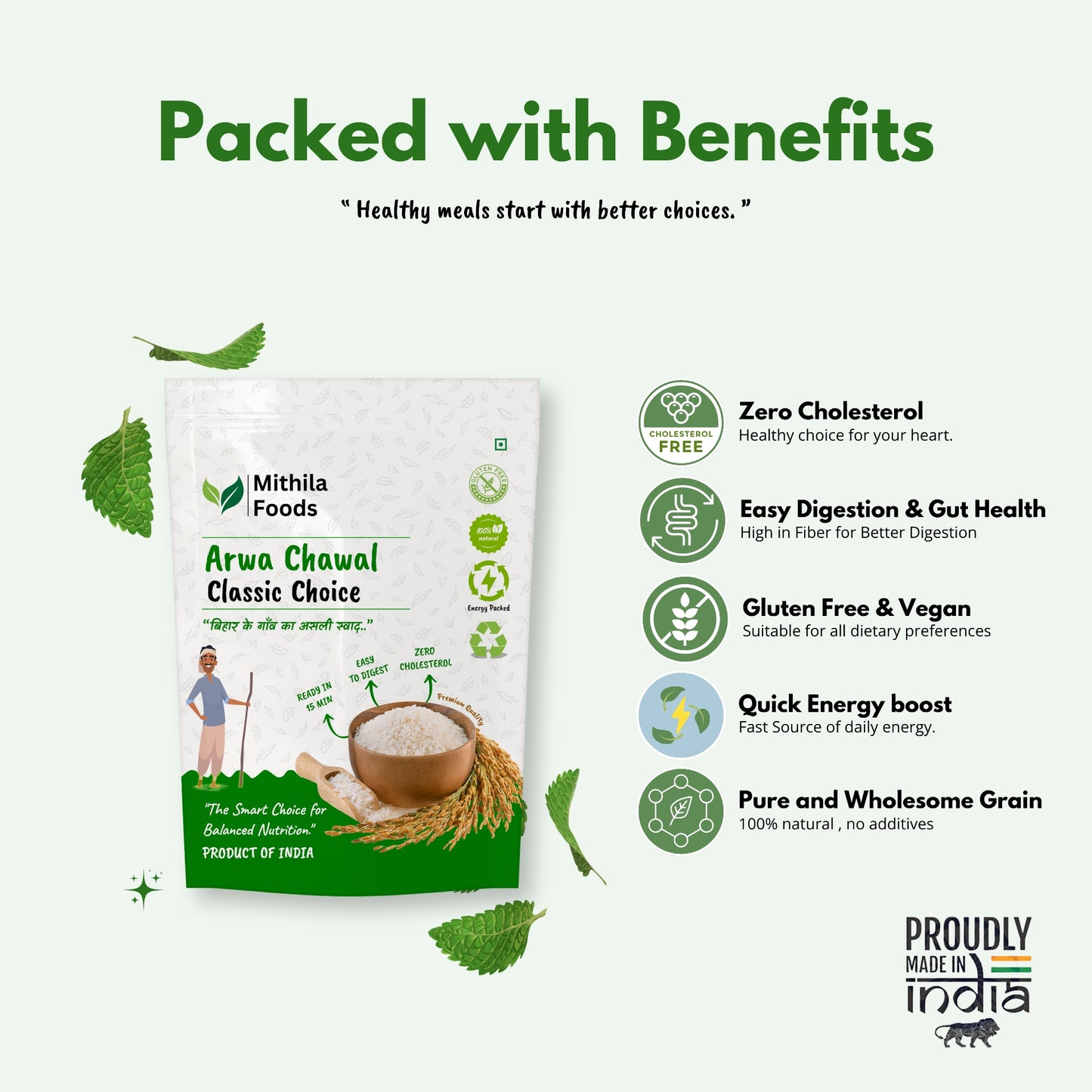 Benefits of Mithila Foods Arwa Chawal displayed beside the pack – zero cholesterol, gluten-free, easy digestion, natural energy and pure grain.