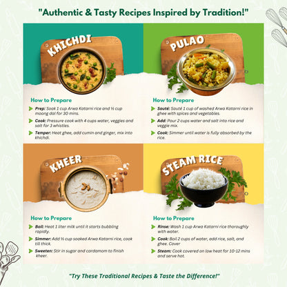 Traditional recipes made using Arwa Katarni Rice – Khichdi, Pulao, Kheer and Steamed Rice with stepwise instructions.