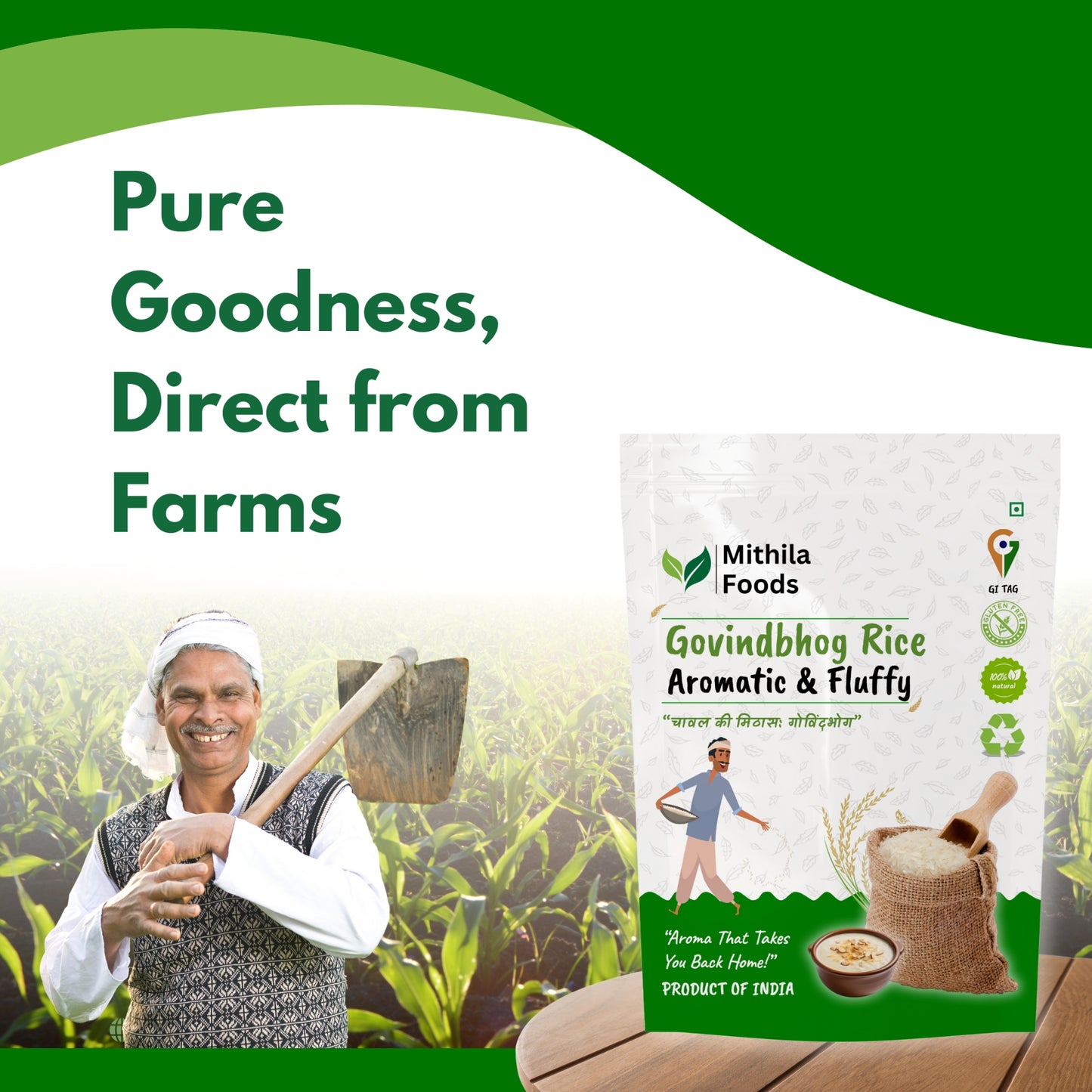 Smiling farmer holding tool in a lush paddy field with Mithila Foods Govindbhog Rice pack on a wooden table – farm to table freshness concept.