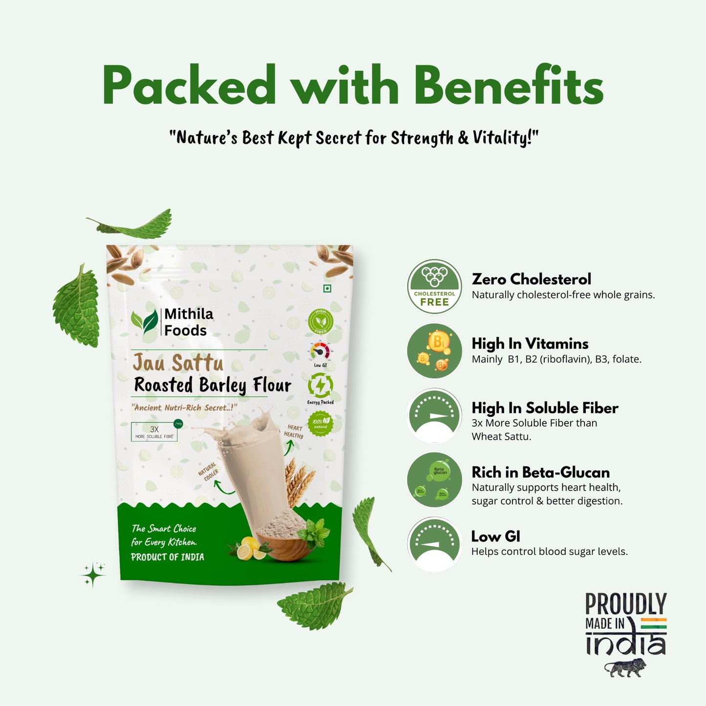 Benefits of Mithila Foods Jau Sattu – zero cholesterol, high vitamins, soluble fiber, beta-glucan, low GI, roasted barley flour pouch with icons.