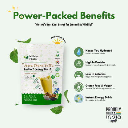 Power-packed benefits of Mithila Foods Jeera Sattu – high protein, high fiber, low calories, gluten-free, instant energy drink for hydration.