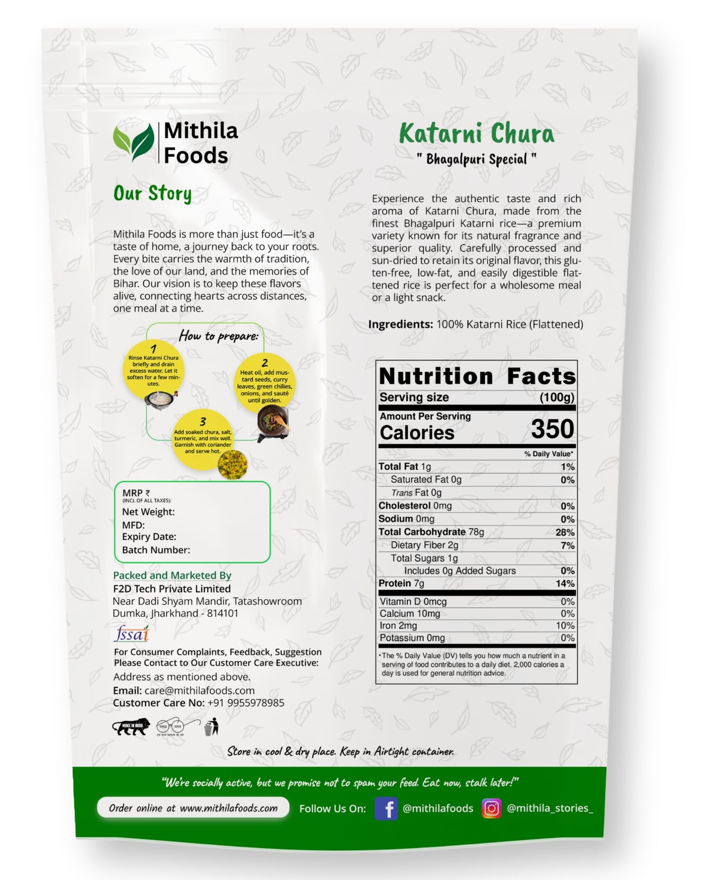 Back side of Mithila Foods Katarni Chuda pack showing brand story, ingredients, preparation steps, nutrition facts, and FSSAI details.