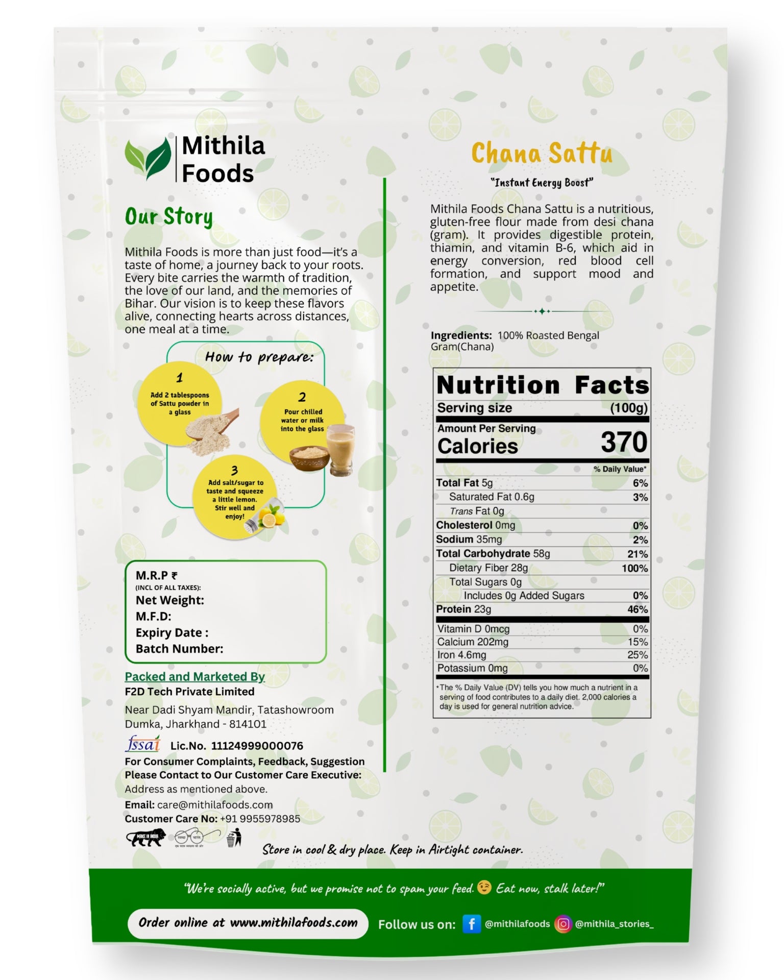 Back side of Mithila Foods Chana Sattu pack showing ingredients, nutrition facts, how to prepare, brand story and FSSAI details.
