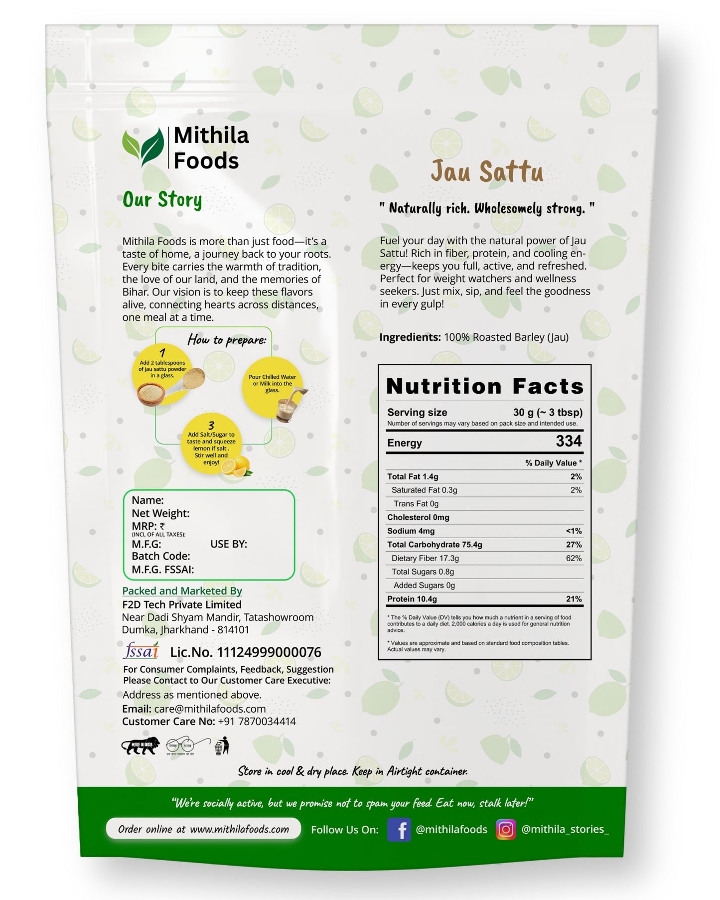 Back of Mithila Foods Jau Sattu pouch showing ingredients, nutritional values, preparation method, brand story, and FSSAI details.