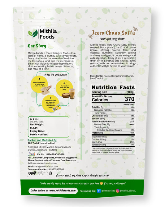 Back side of Mithila Foods Jeera Chana Sattu pack showing ingredients, nutrition facts, brand story, preparation steps, and FSSAI details.