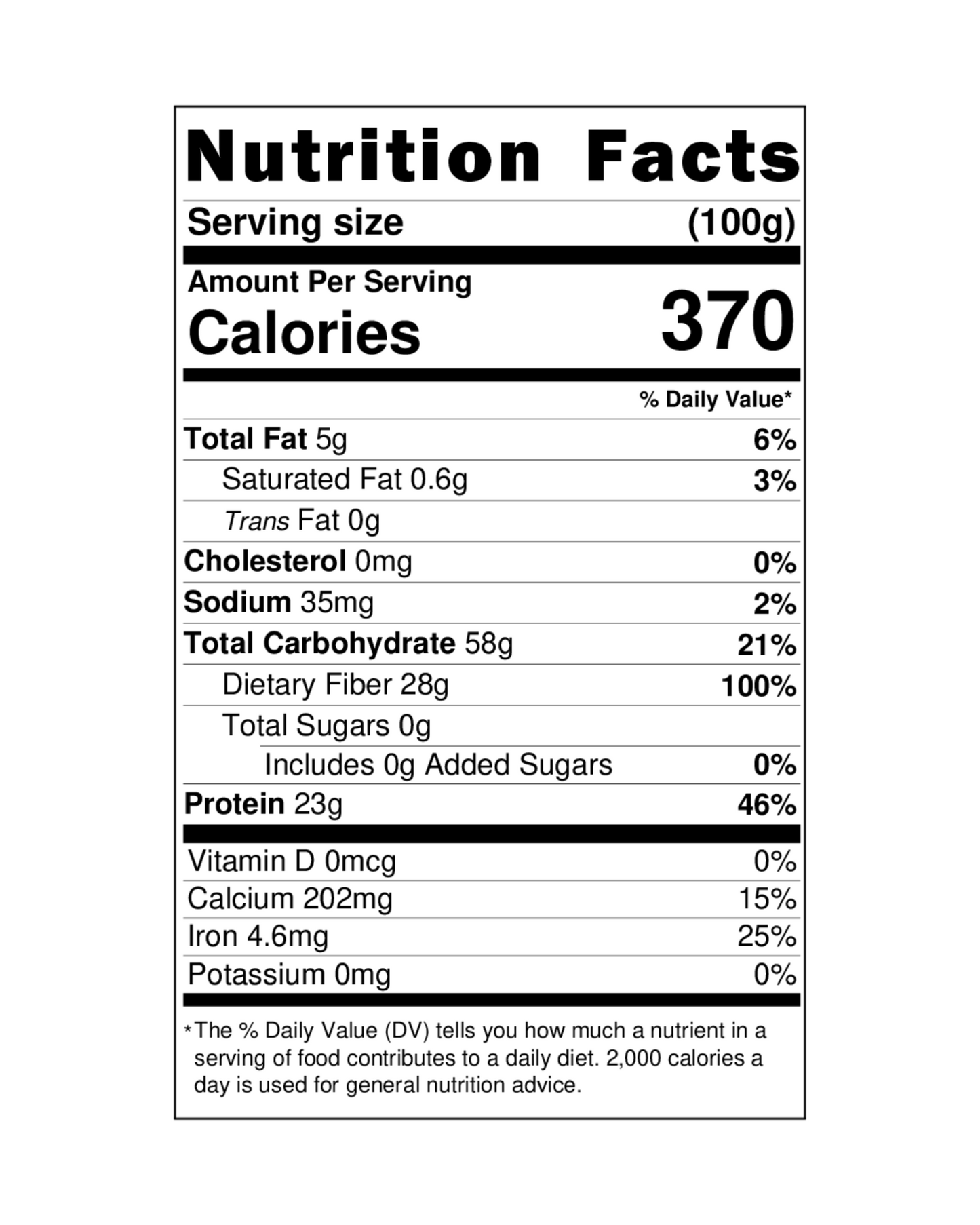 Detailed nutrition facts for Mithila Foods Chana Sattu per 100g – calories, protein, fiber, carbs, fat and daily value percentages.