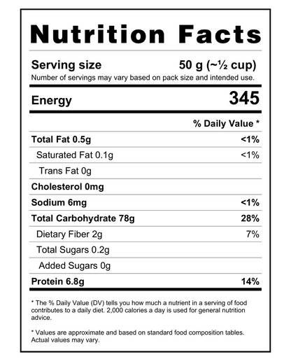Nutrition facts of Arwa Katarni Rice showing calories, carbohydrates, protein, fat and fiber per serving.