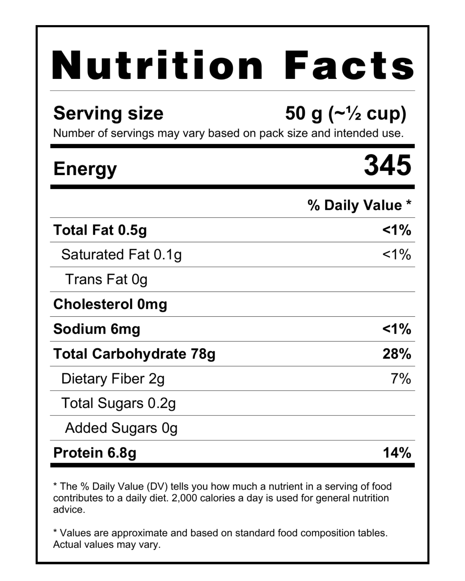 Nutrition facts of Govindbhog Rice showing calories, carbs, protein, fiber and fat per serving.