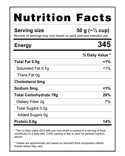 Nutrition facts of Govindbhog Rice showing calories, carbs, protein, fiber and fat per serving.