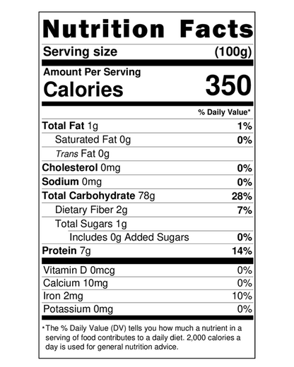 Nutrition facts label of Mithila Foods Katarni Chuda per 100g showing calories, carbohydrates, protein, fiber and fat values.
