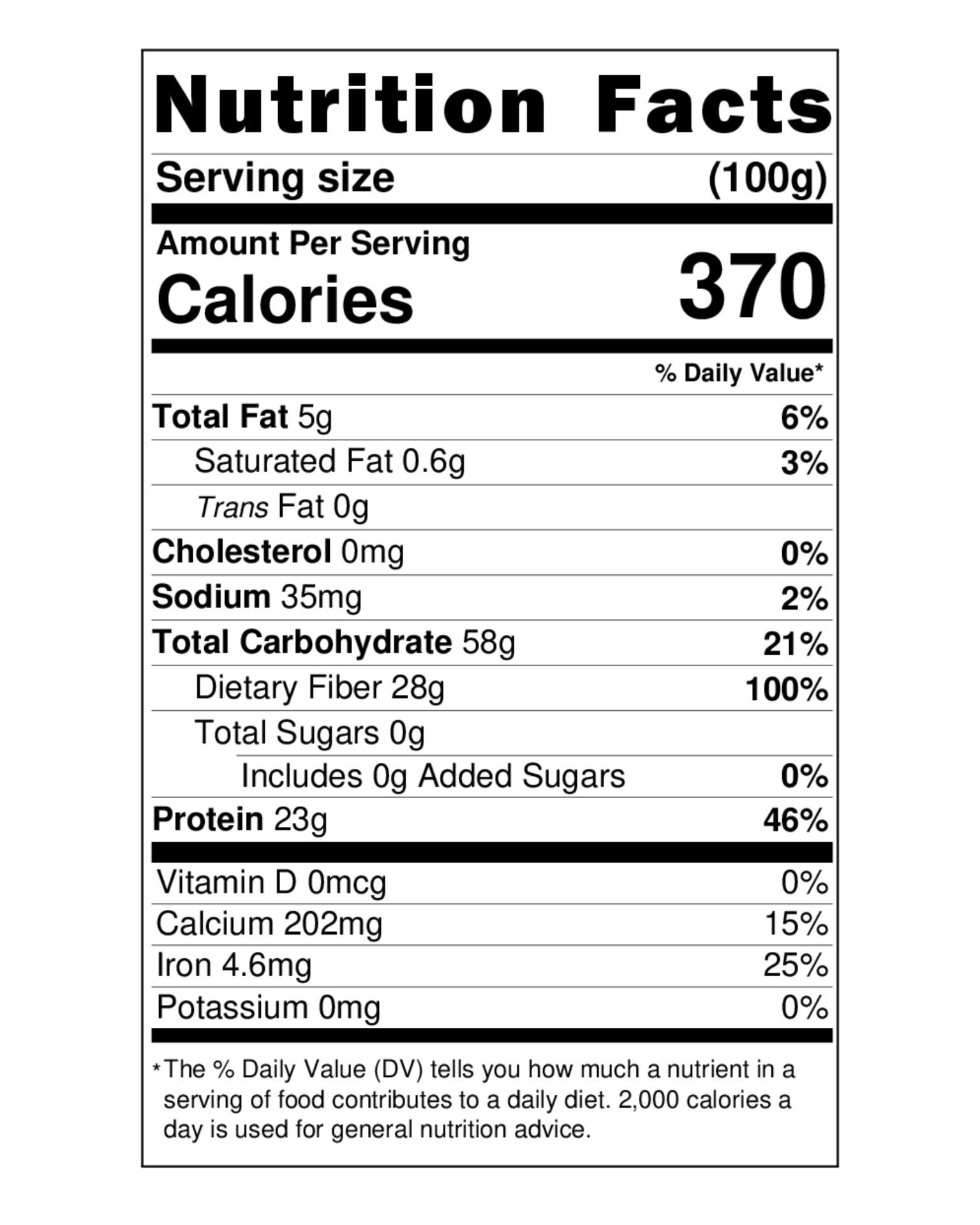 Nutrition facts of Mithila Foods Jeera Chana Sattu per 100g showing calories, protein, carbs, fiber, fat, and mineral values.