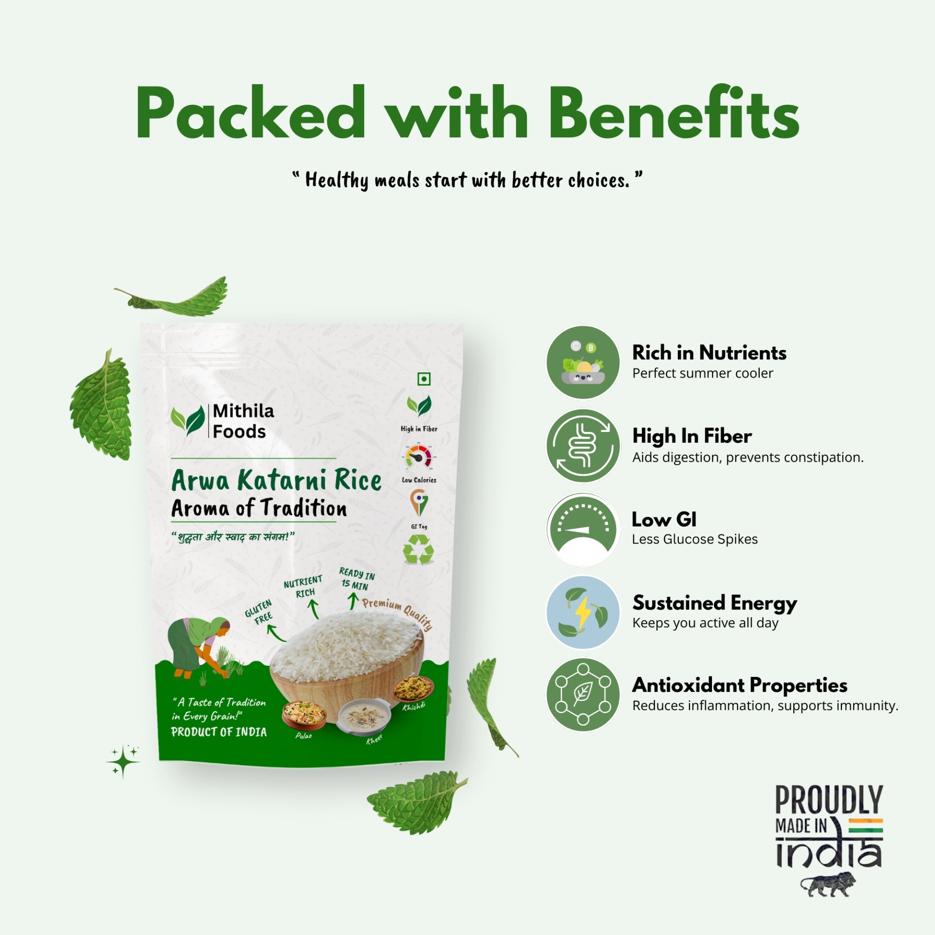 Benefits of Mithila Foods Arwa Katarni Rice showcasing high fiber, low calories, GI tag, nutrient-rich and premium quality.