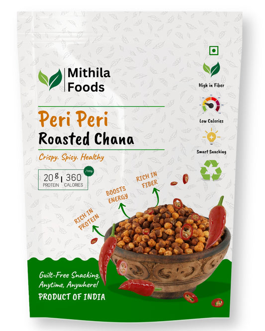 Front packaging of Mithila Foods Peri Peri Roasted Chana showcasing spicy chickpeas, fiery red chilies, high protein, fiber, and smart snacking icons