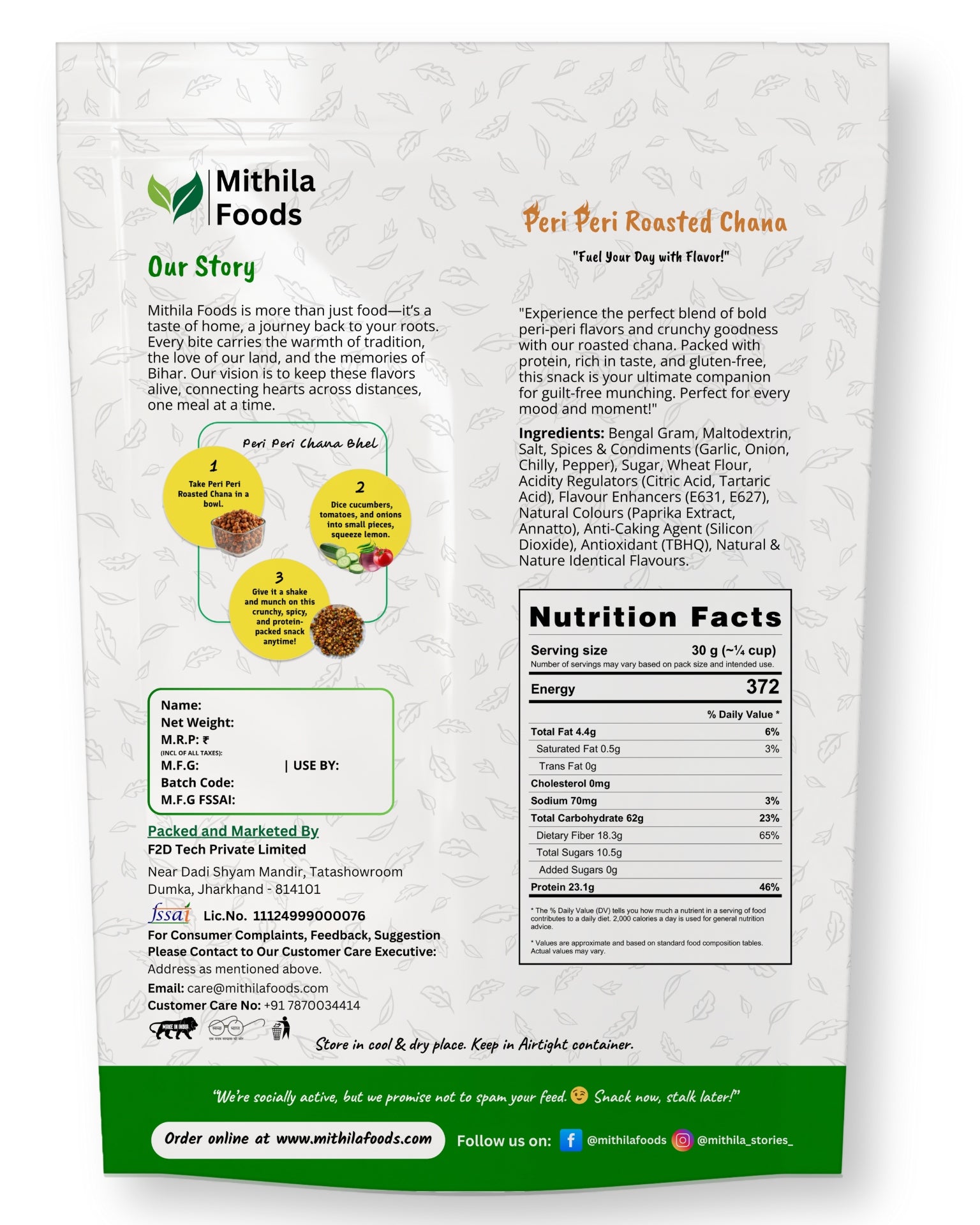 Back of Mithila Foods Peri Peri Roasted Chana pack with brand story, ingredients, nutritional info, recipe instructions, and manufacturer details