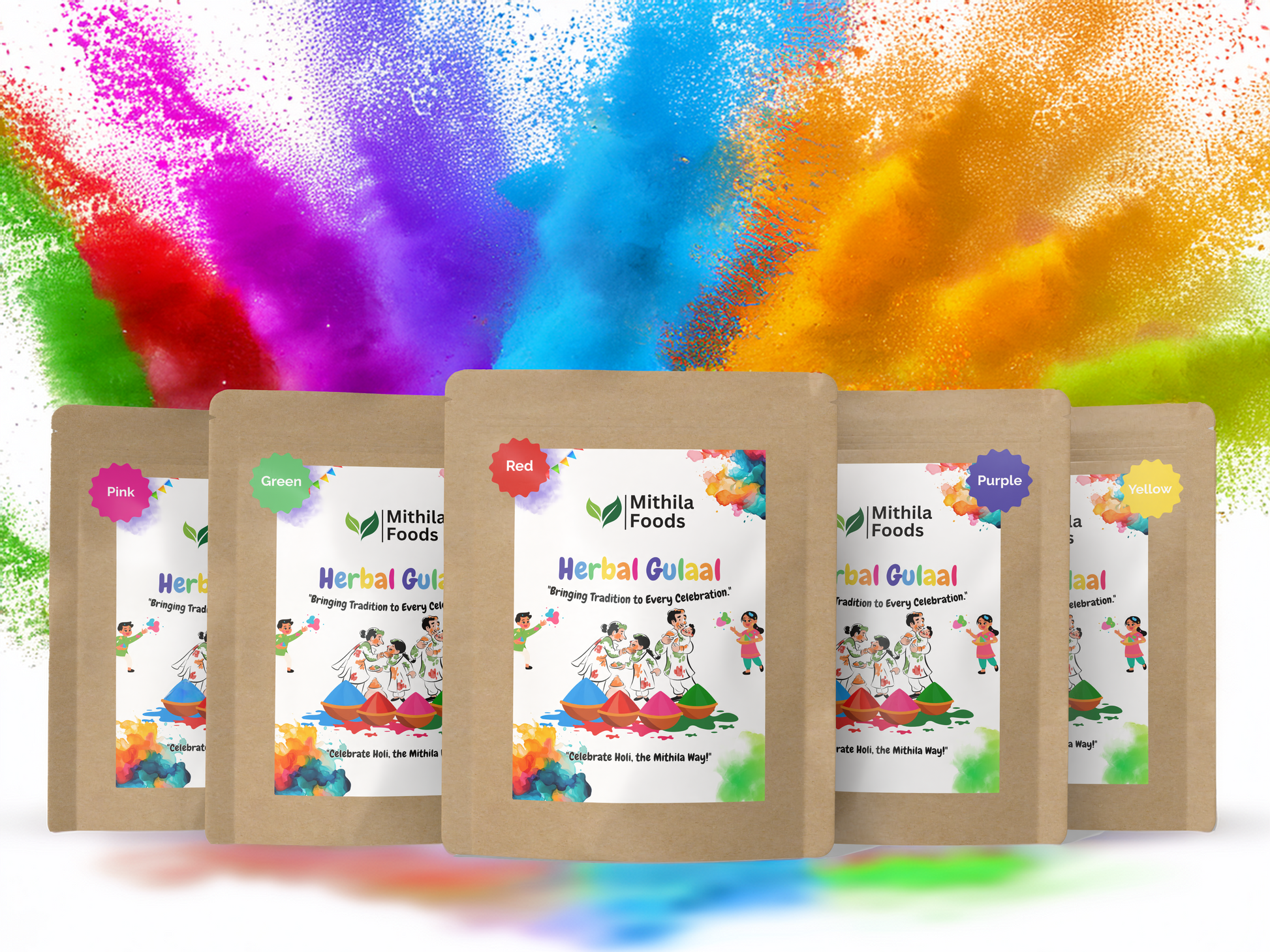  "Mithila Foods Herbal Gulal Holi Colour packs in five vibrant shades with colorful powder splashes, highlighting festive energy and natural, skin-friendly gulal"