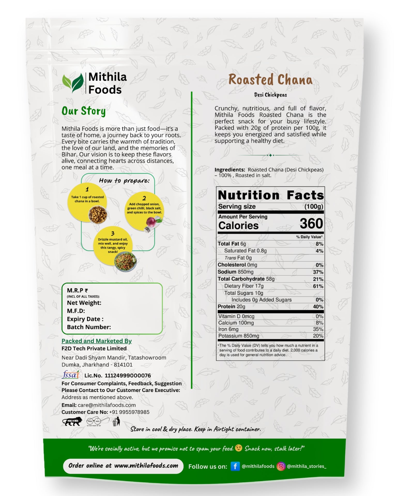 Back of Mithila Foods Roasted Chana pack featuring brand story, ingredients, nutrition facts label, preparation steps for chana chaat, MRP box, and FSSAI details.