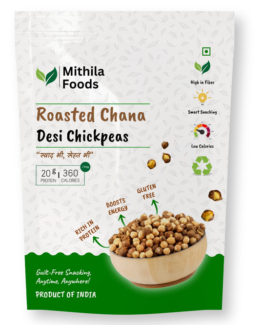 White and green Mithila Foods pouch with “Roasted Chana Desi Chickpeas” branding, bowl of roasted chickpeas at bottom, health icons like high fiber, gluten-free, and product of India.