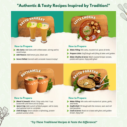 Recipes using Jeera Chana Sattu – Sattu Sharbat, Litti Chokha, Buttermilk, and Sattu Paratha with step-by-step preparation.