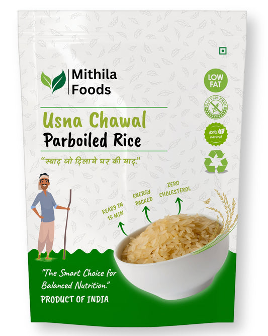 Mithila Foods Usna Chawal Parboiled Rice pack with farmer illustration, rice bowl and health benefits like zero cholesterol and ready in 15 minutes.