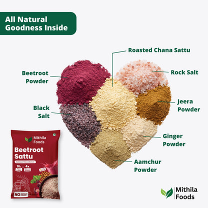 Beetroot Sattu ingredients in a heart: roasted chana sattu, beetroot powder, rock salt, jeera, ginger, amchur, black salt