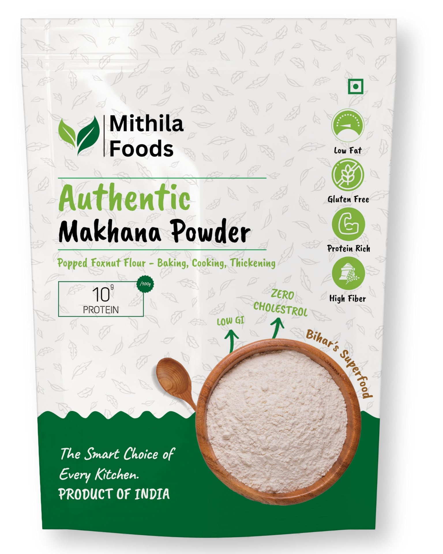  "Front packaging of Mithila Foods Authentic Makhana Powder, showing nutrition icons for low fat, gluten free, high protein, high fiber, and Bihari superfood heritage"