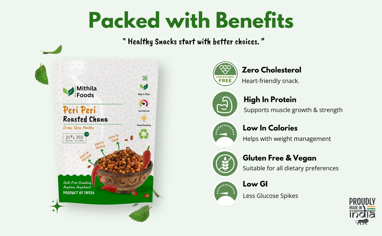 Mithila Foods Peri Peri Roasted Chana package display with benefits including zero cholesterol, high protein, low calorie, gluten free, vegan, and low GI