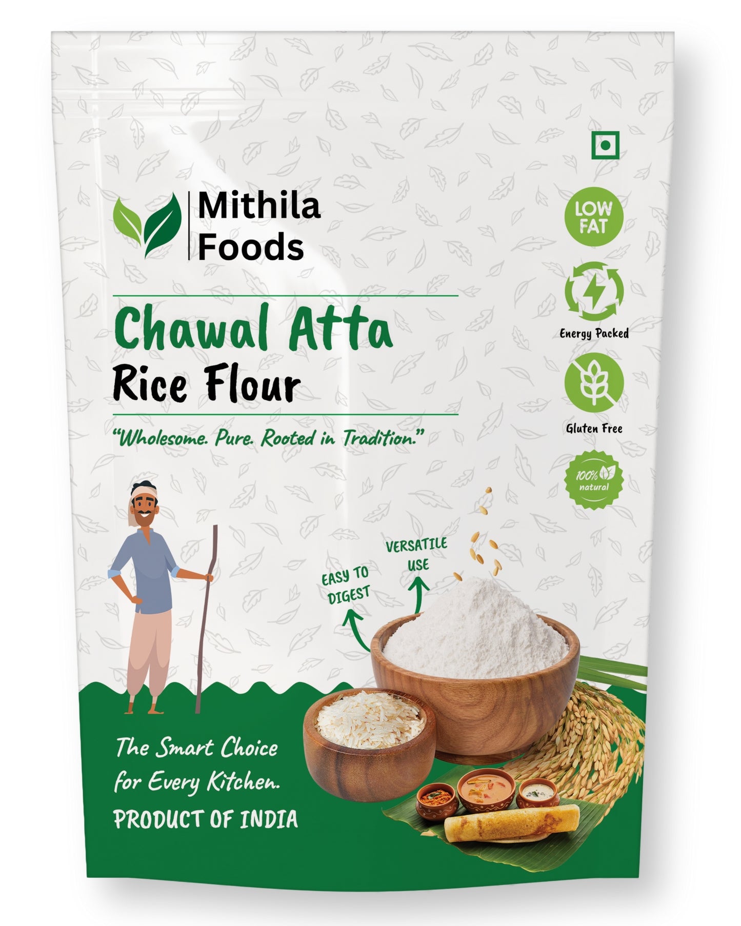  "Front packaging of Mithila Foods Chawal Atta Rice Flour, showing pure white rice flour in a wooden bowl, grains, farmer illustration, and health icons"